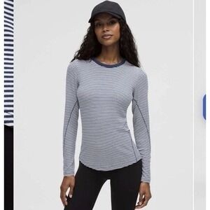🍋NWT Lululemon Hold Tight Long Sleeve Shirt Womens Stripe White  Blue W3IDZS 16